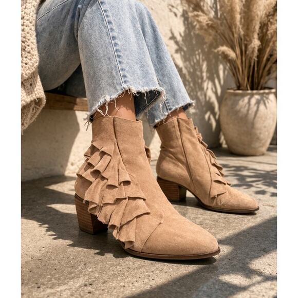 Anthropologie Shoes - Anthropologie Suede Ruffle Ankle Boots Womens 38 Camel Boho Western
